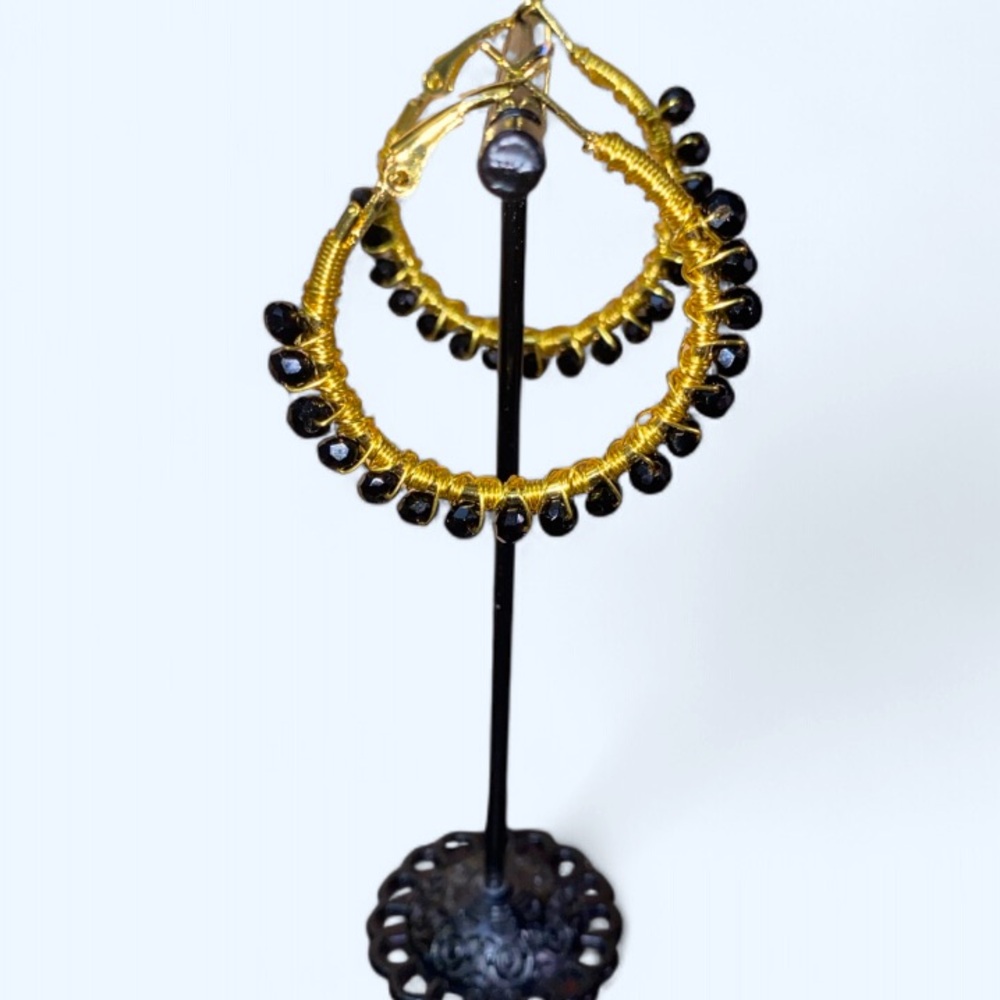 Handmade wired Wrapped Black Hoop dangling   Earrings
